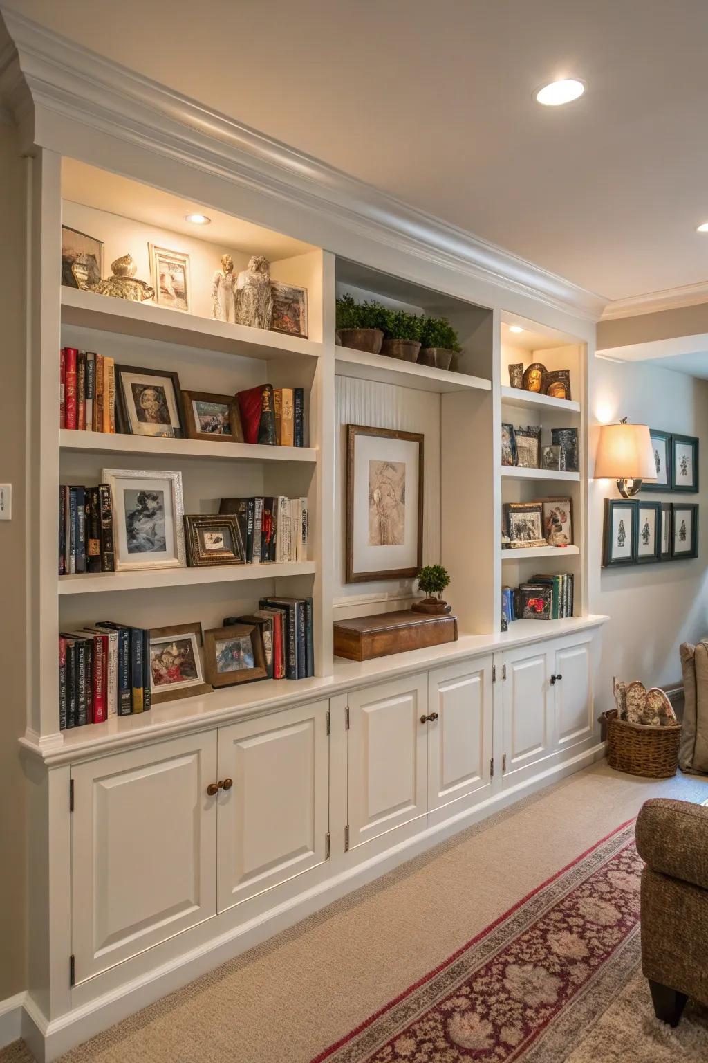A partition wall featuring integrated shelves adorned with books and decorative pieces, crafting a stylish room separation.