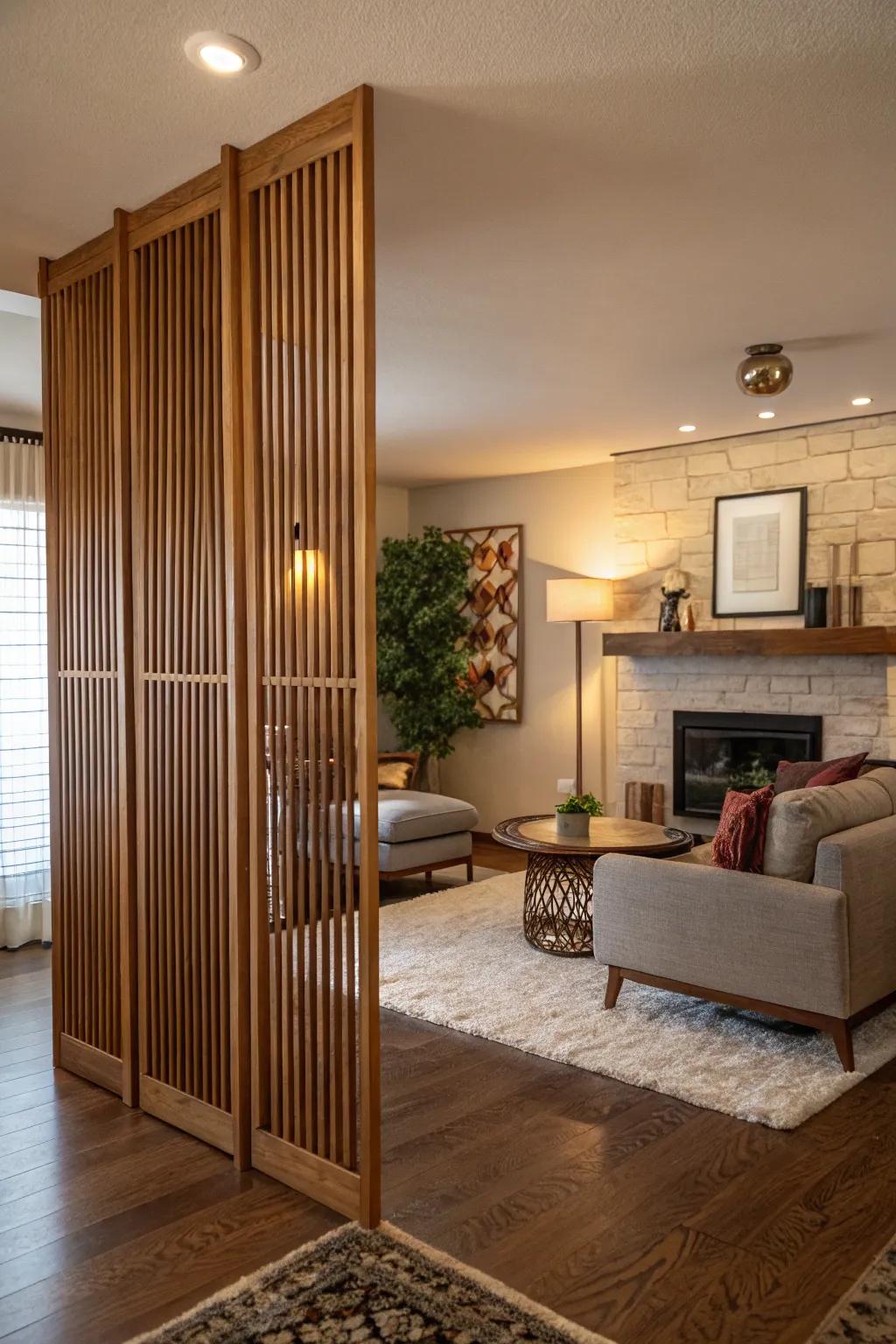 Timber slat dividers seamlessly combine warmth and modernity, setting the perfect mood for a cozy setting.
