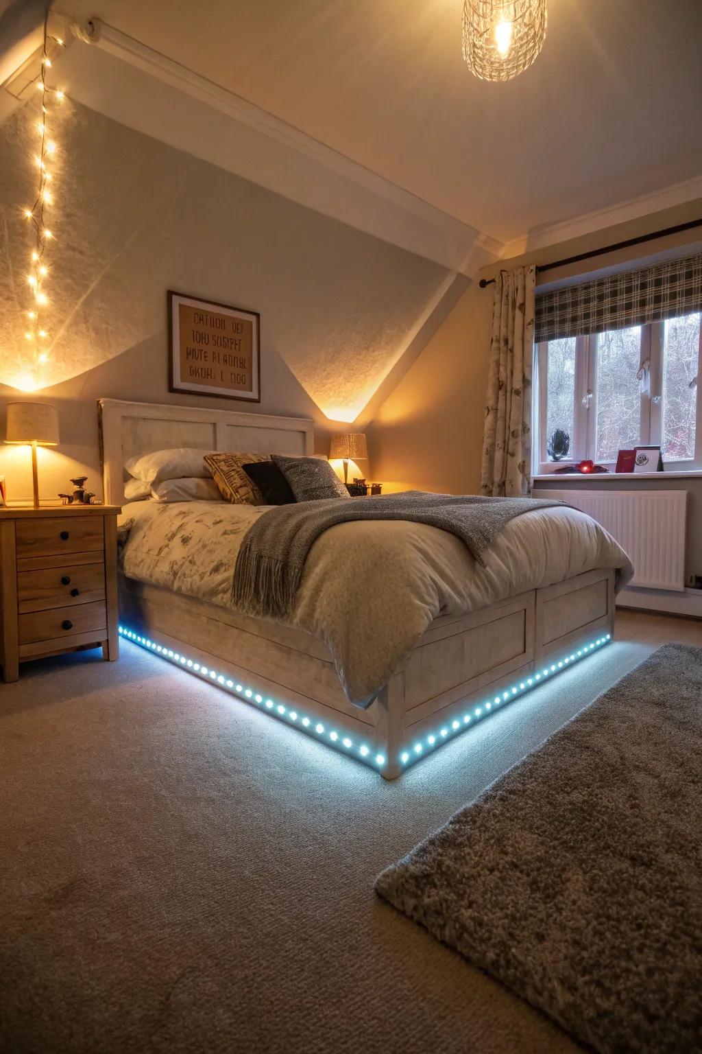 Enhance your bedroom's ambiance with the subtle glow of under-bed lighting, a testament to lasting style.