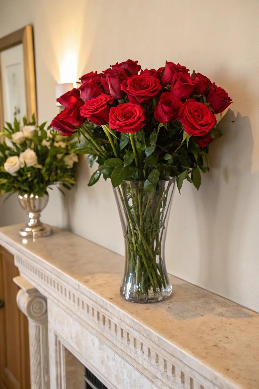 Enduring grace through crimson roses within a traditional glass vase.