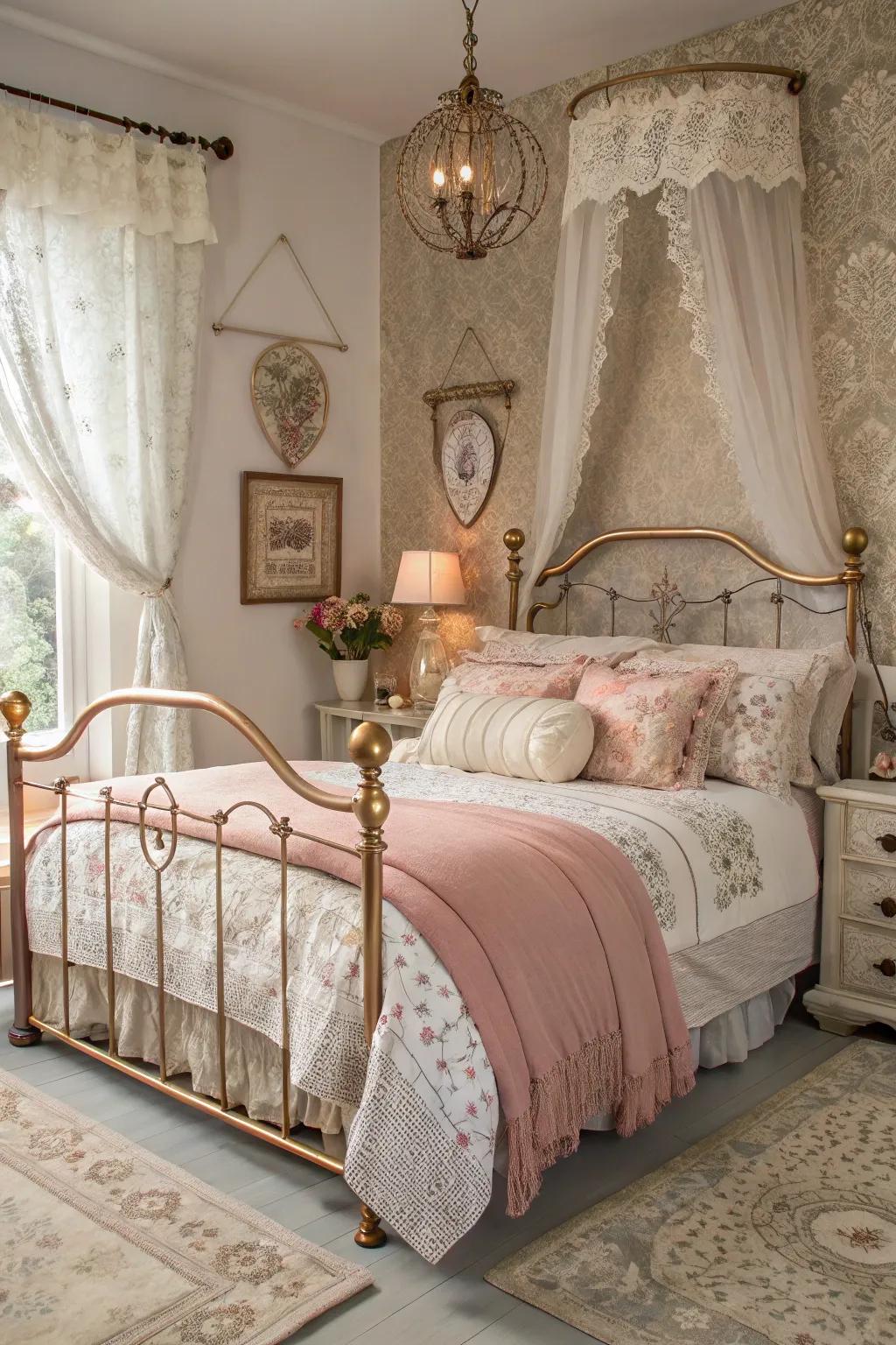 A stunning rose gold bed frame serves as a stylish anchor for the entire bedroom.