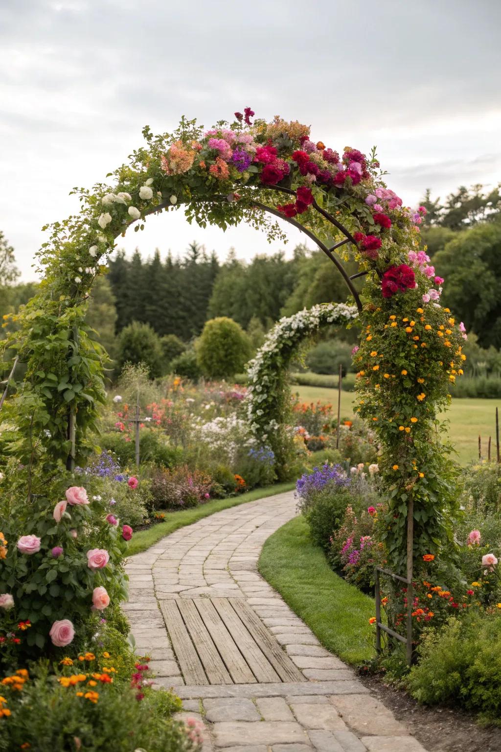 A rounded arch changed into a blossom-filled creation, ideally matched for any garden ambiance.