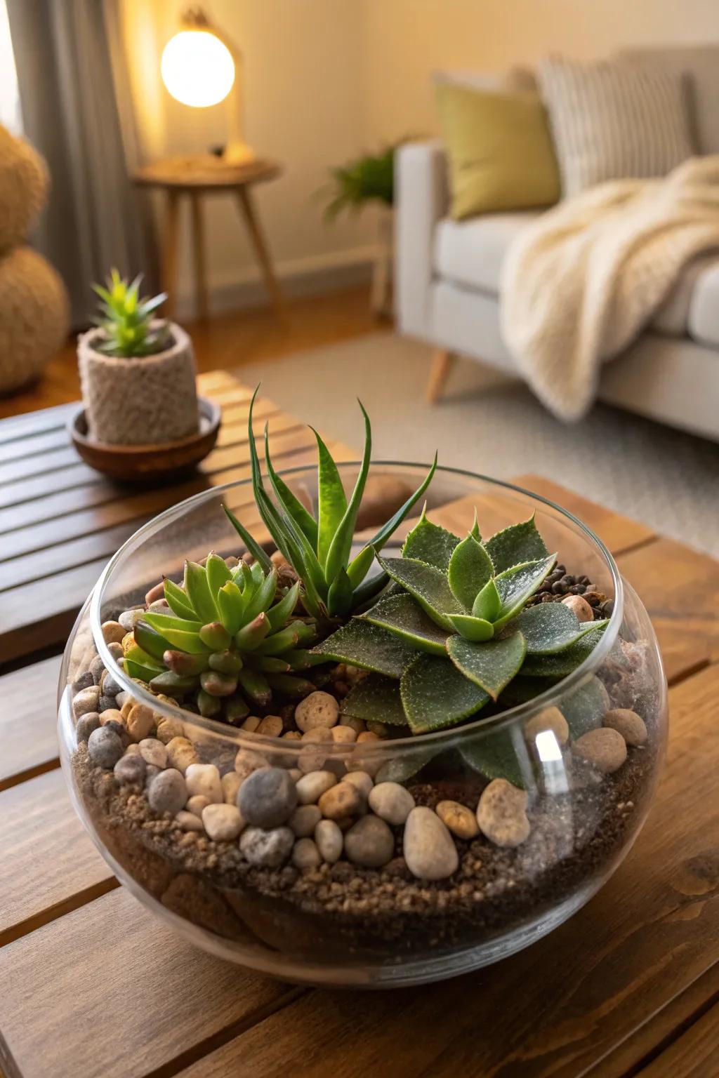 An enchanting small garden within a spherical glass vessel infuses nature indoors.