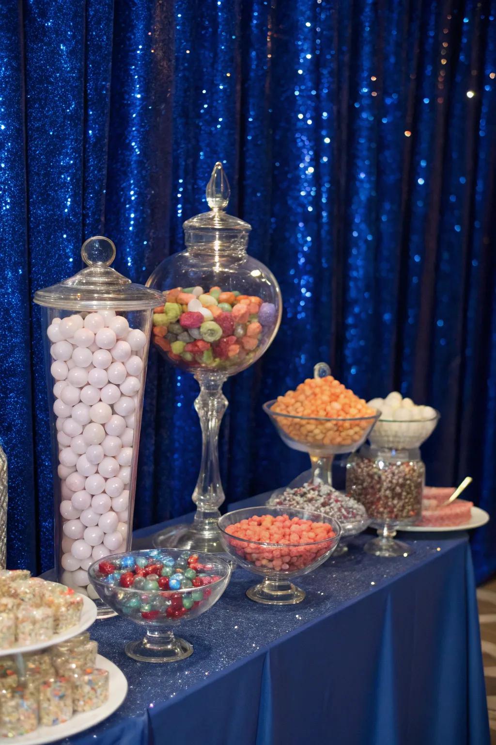 A sweets display with a shimmering azure backdrop that enhances the visual charm.