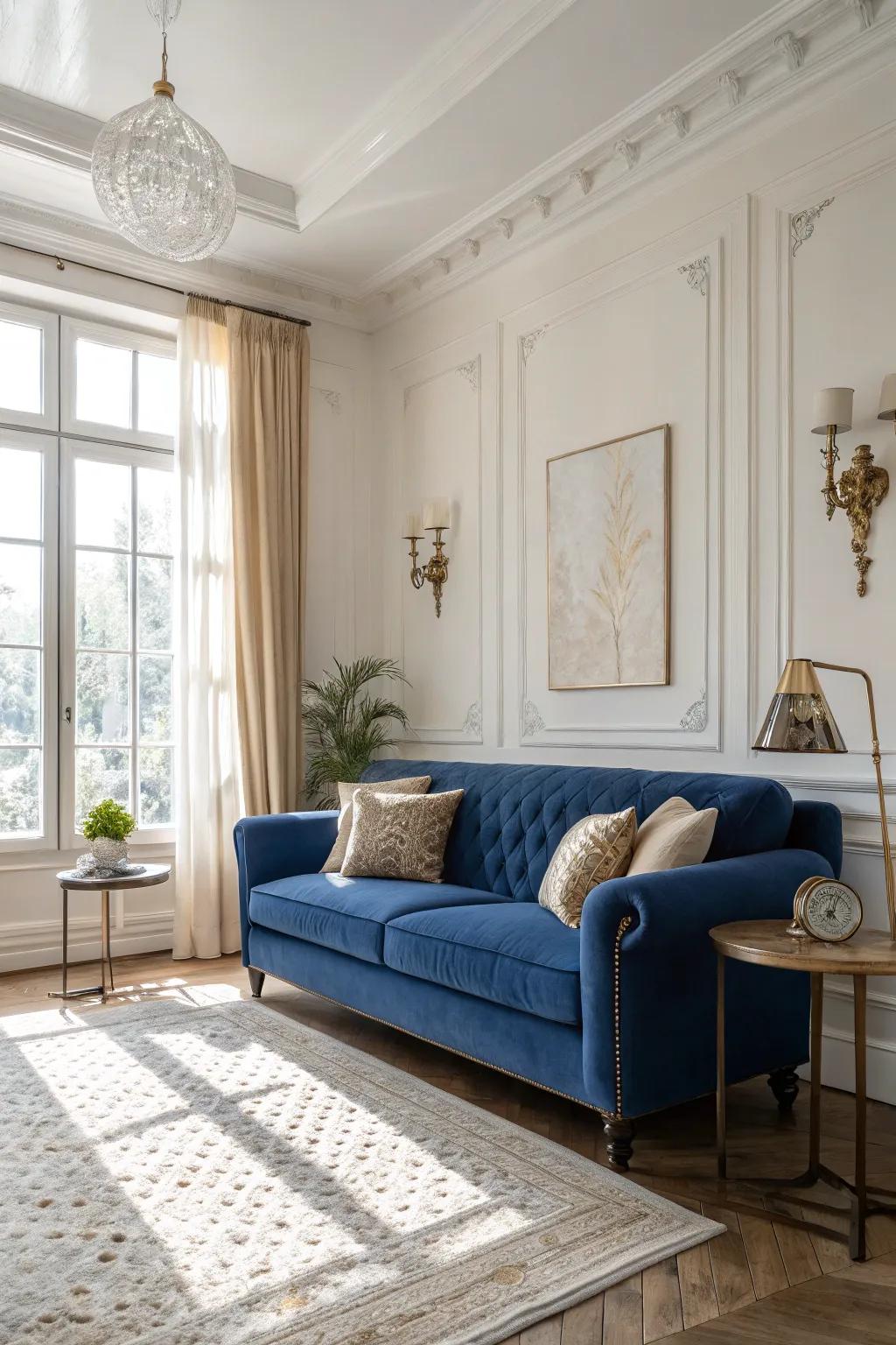 Understated shades enhance the sapphire settee, producing a tranquil and harmonious setting.