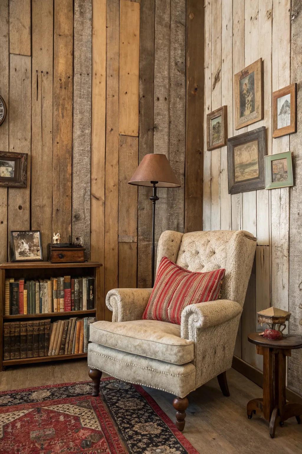 Aged timber paneling brings a country texture to your walls.