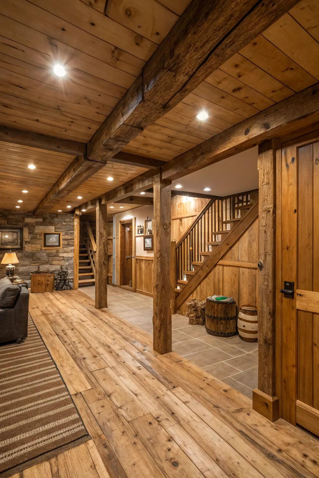 Bare wood supports contribute a homespun appeal to your basement.