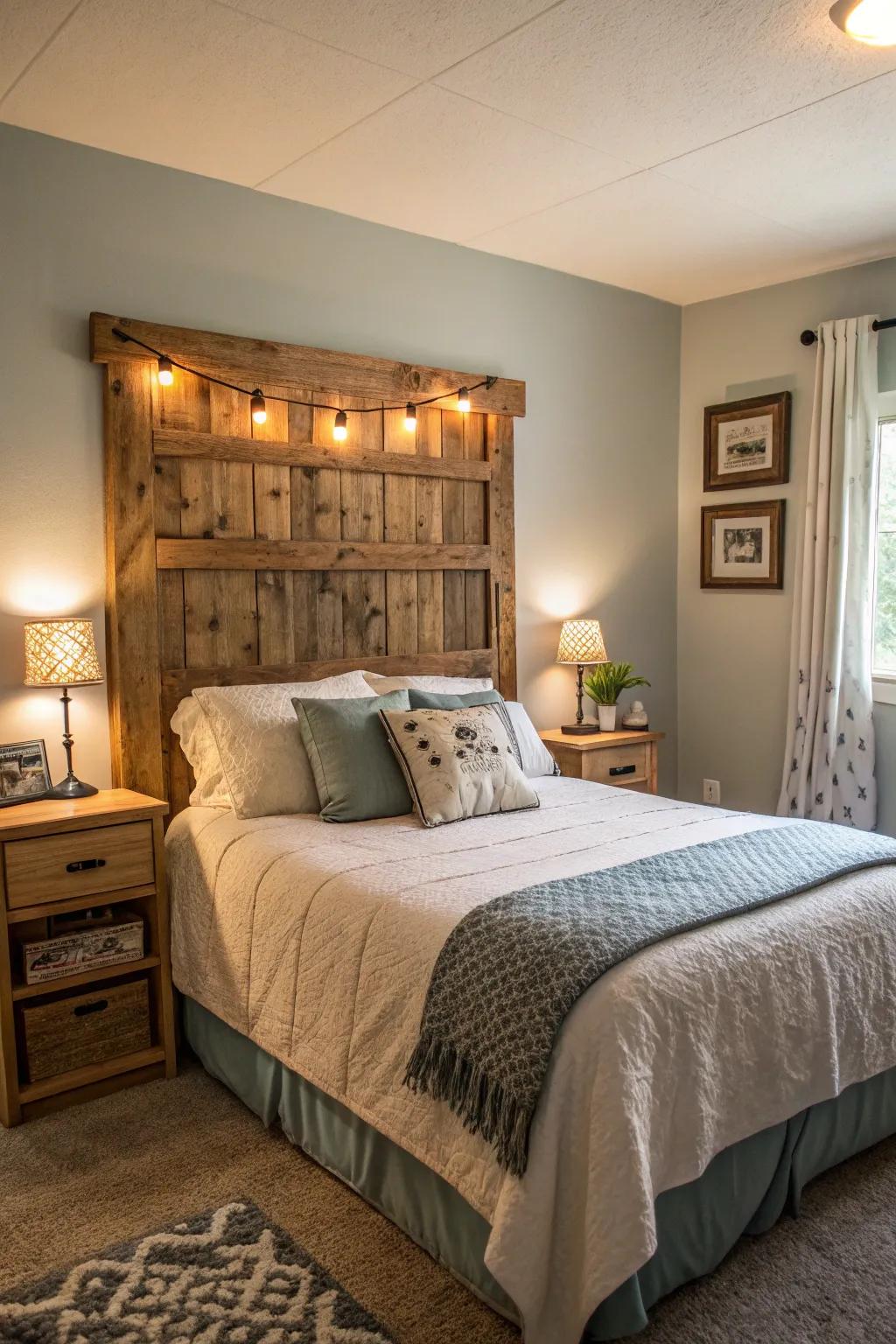 A salvaged wood headboard lends a rustic and unique ambiance.