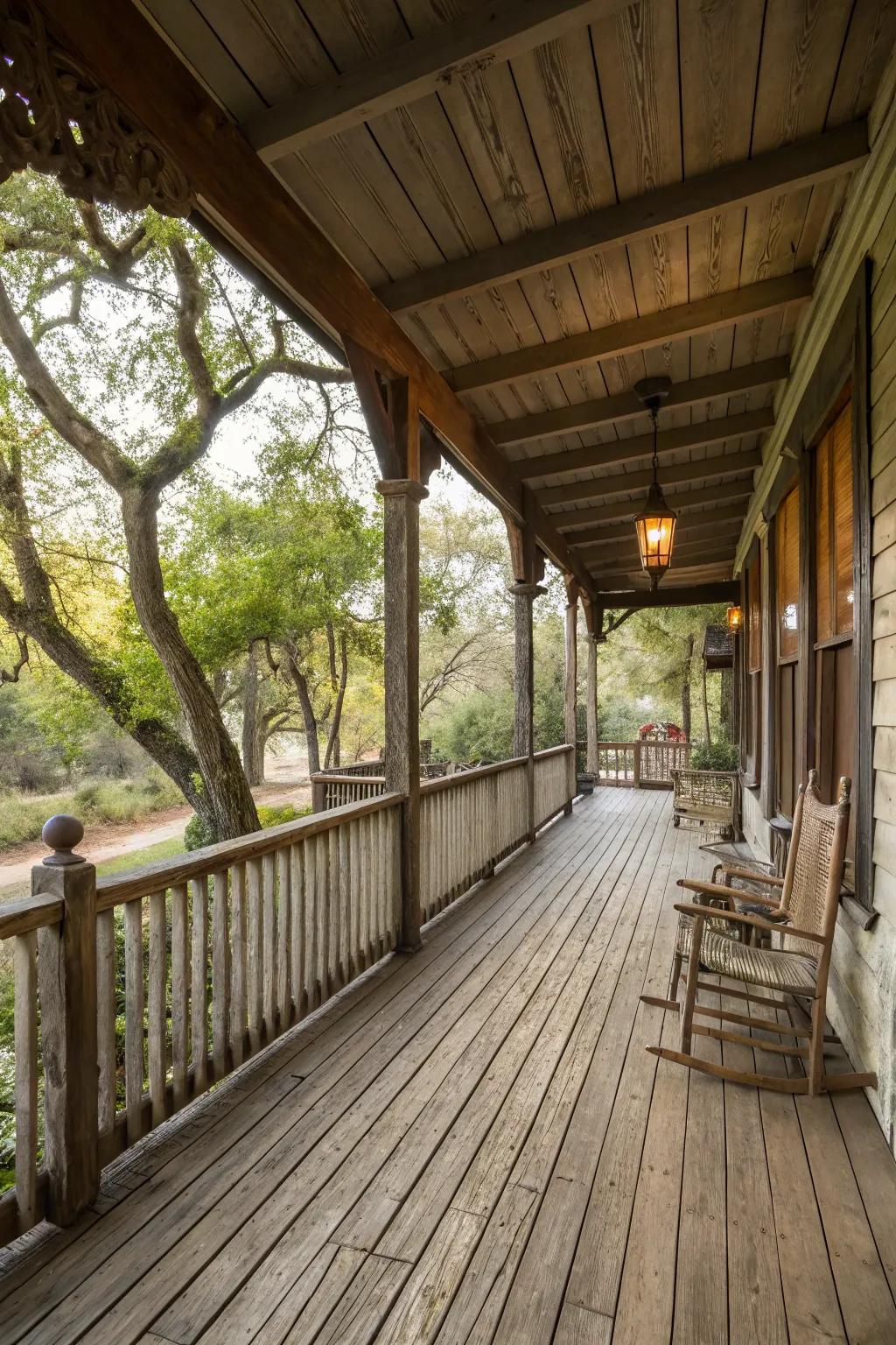 Pure wood finishes pave the way for an inviting, rustic porch.