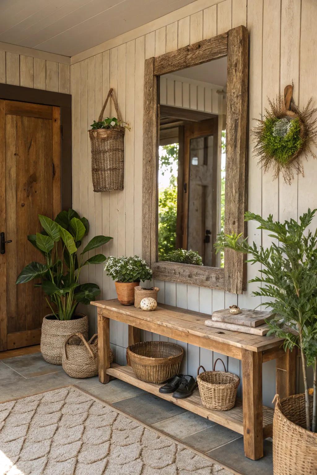 A foyer showcasing a looking glass encased in repurposed lumber.