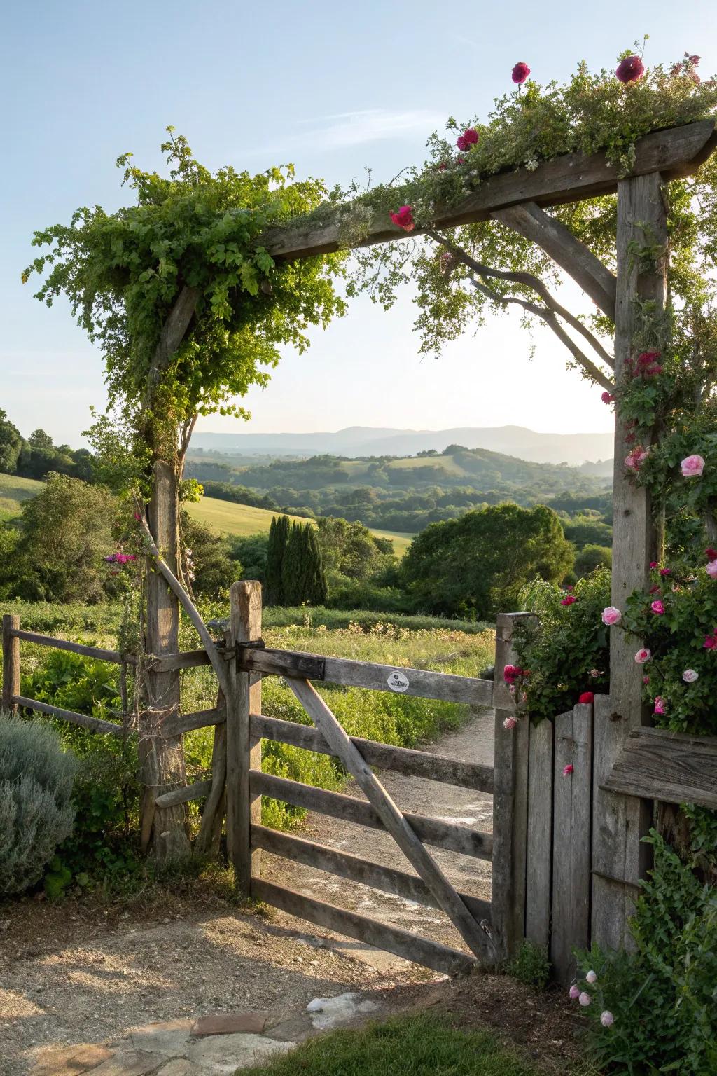 A quintessential timber portal embraced by vibrant foliage.