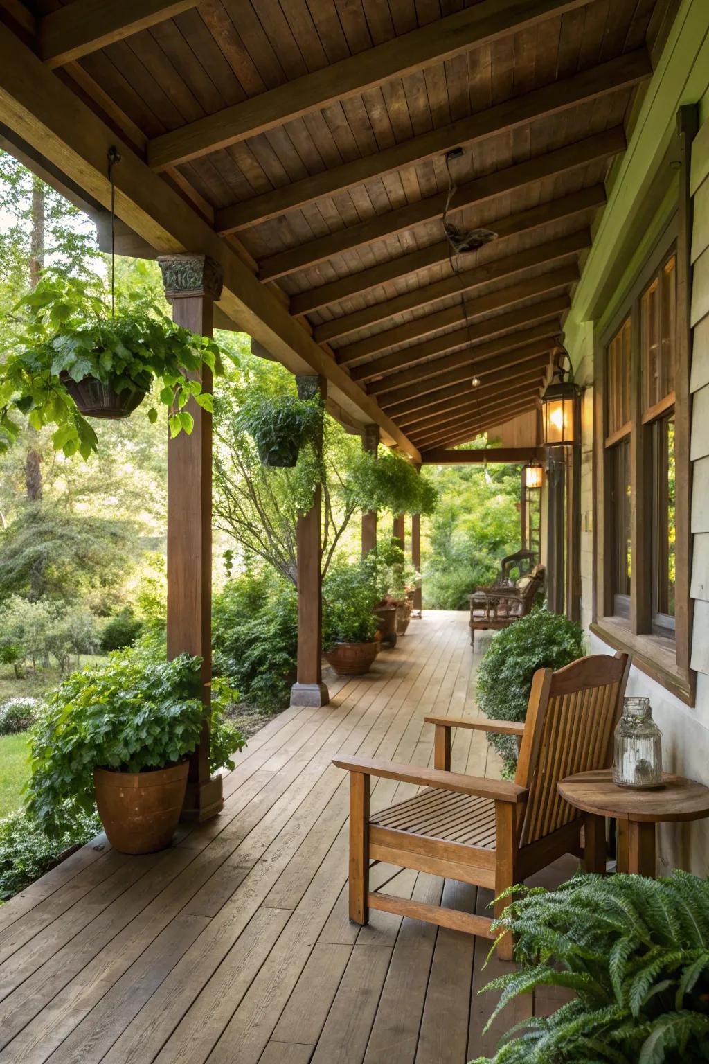 Natural timber pillars and flooring create a cozy and welcoming porch setting.