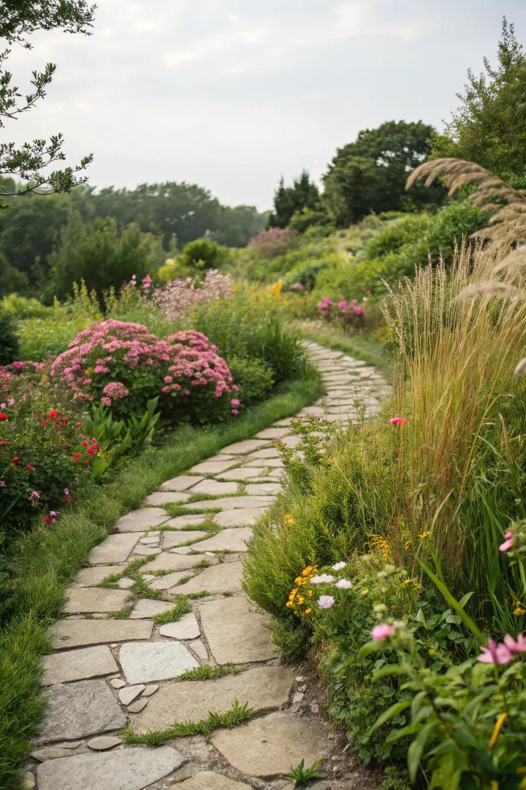 An enchanting stone-lined passage gracefully winding through an exuberant garden.