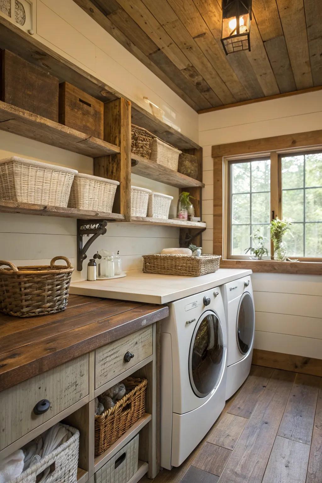 Salvaged lumber surfaces and storage units imbue the laundry area with warmth and history.