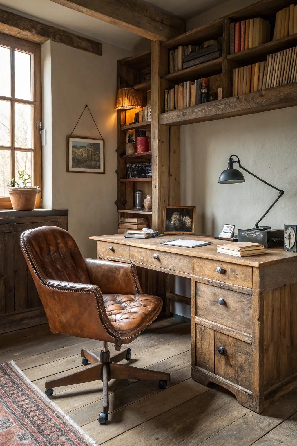 A country-style office featuring a repurposed timber desk and vintage appeal.