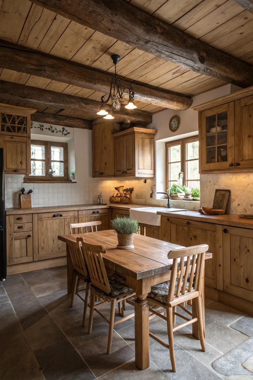 Heartwood cabinets and worktops lend a feeling of comfort to this country-style kitchen.