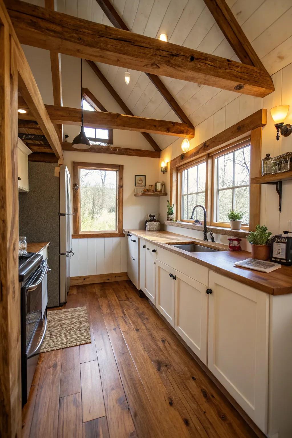 A delightful kitchen showcasing visible wooden beams and opulent hardwood floors.