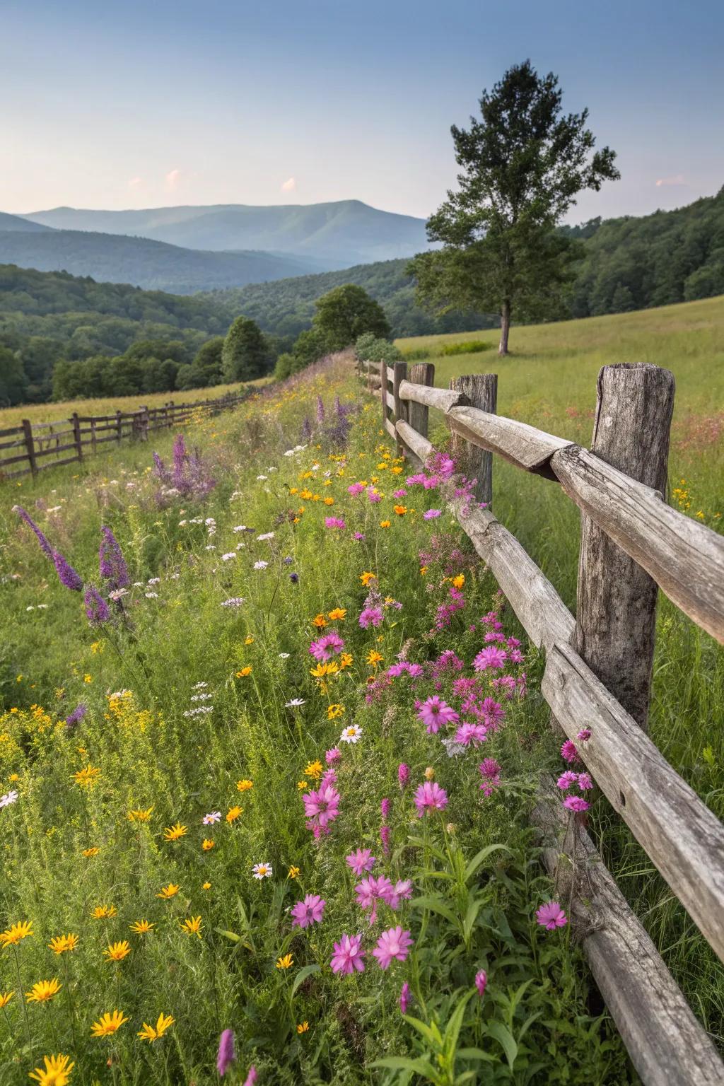 A split rail fence encompassed by a dynamic wildflower expanse.