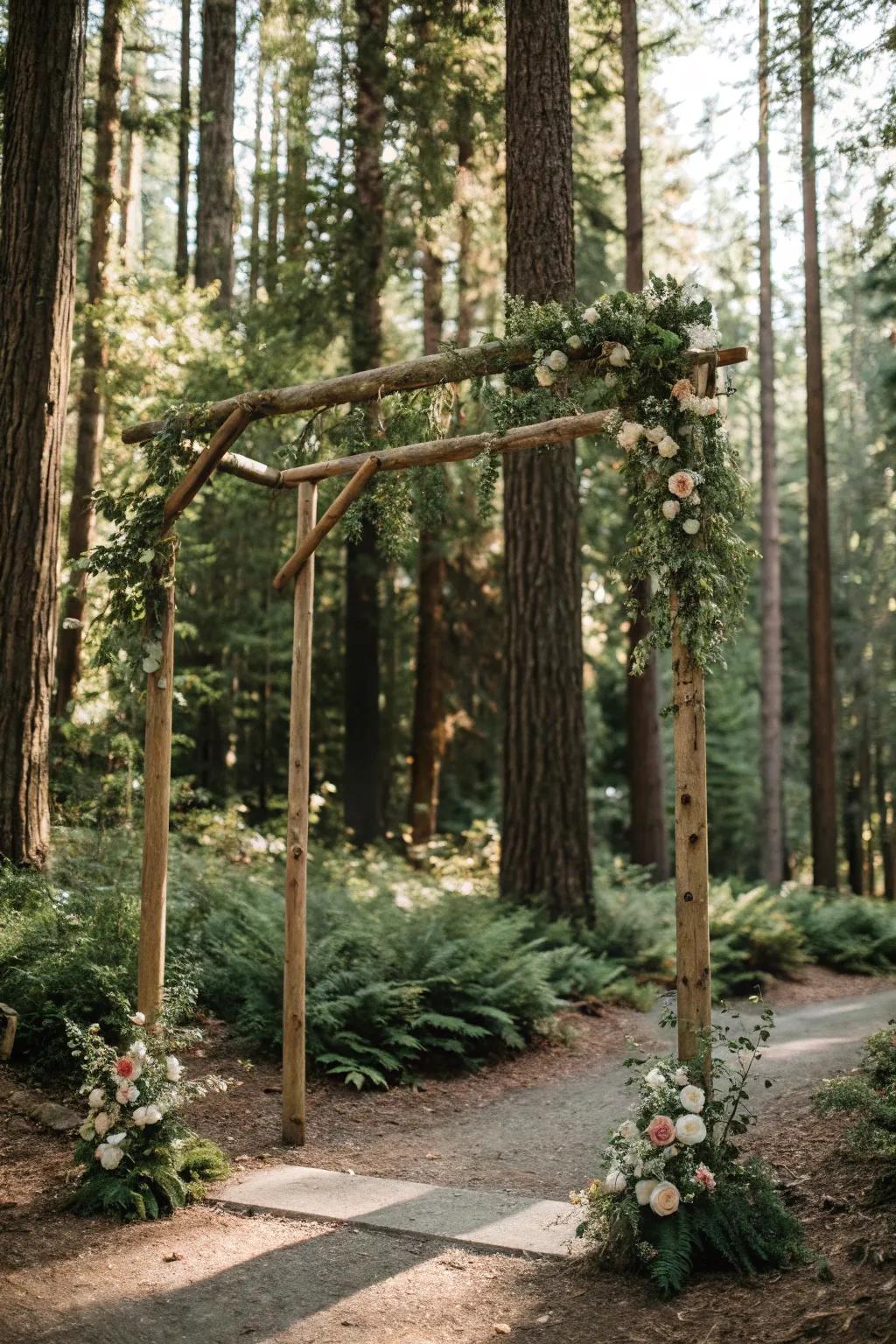 A minimalist timber arch nestled within the woodland, accentuated by abundant verdure.