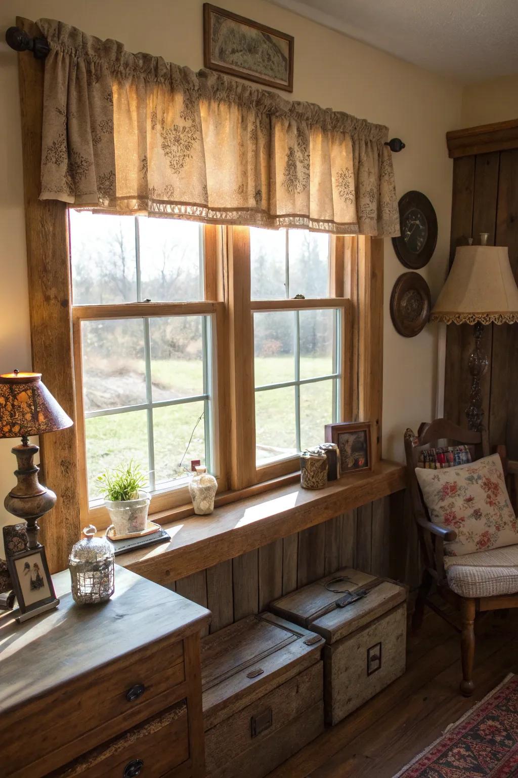 A countryside window valance crafted from upcycled barn wood, introducing texture and heritage to a welcoming living area.