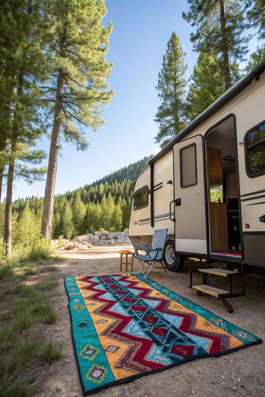 An outdoor rug lends a touch of warmth and flair to your RV campsite.