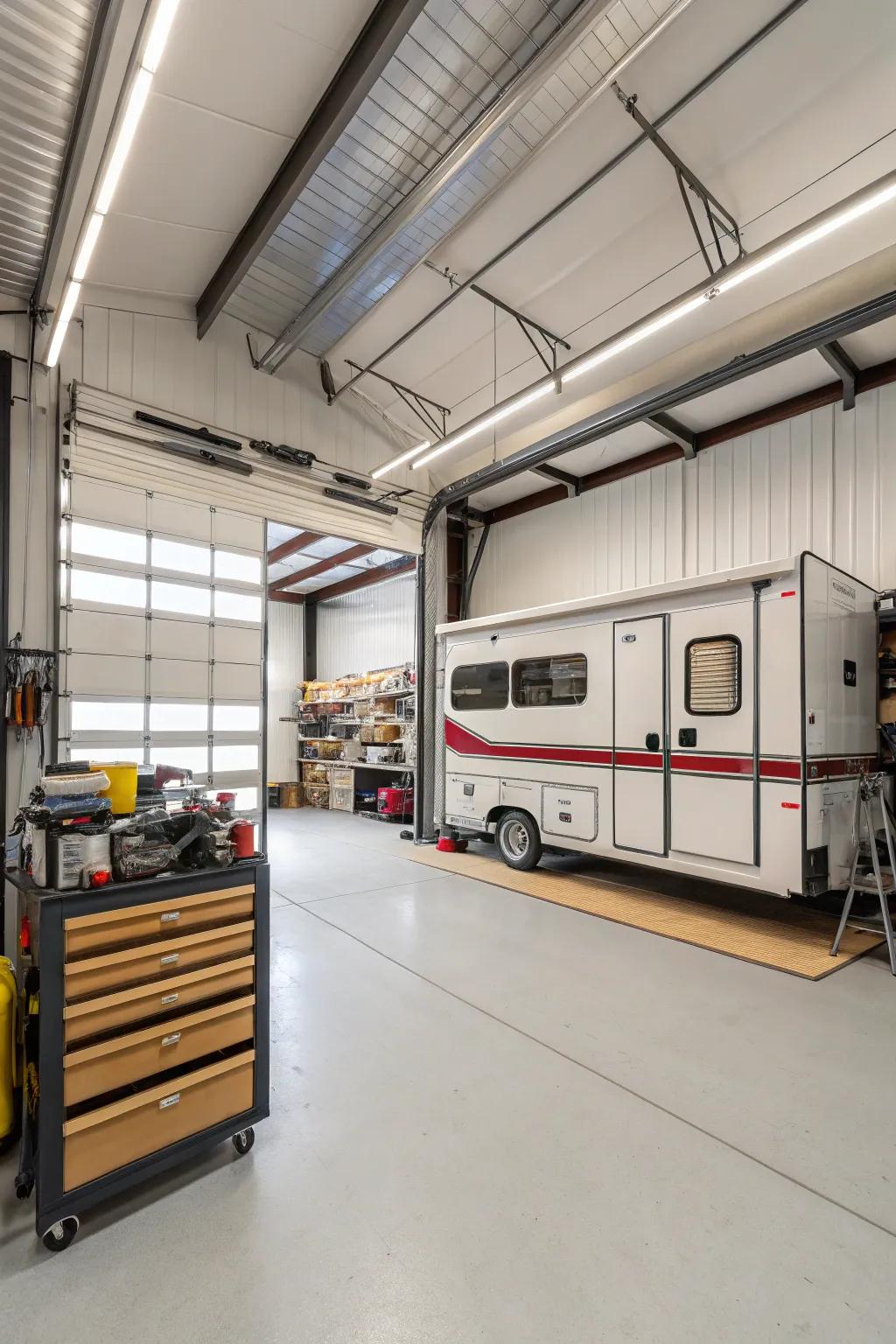Tall RV garage ceilings provide ample room for innovative storage designs.