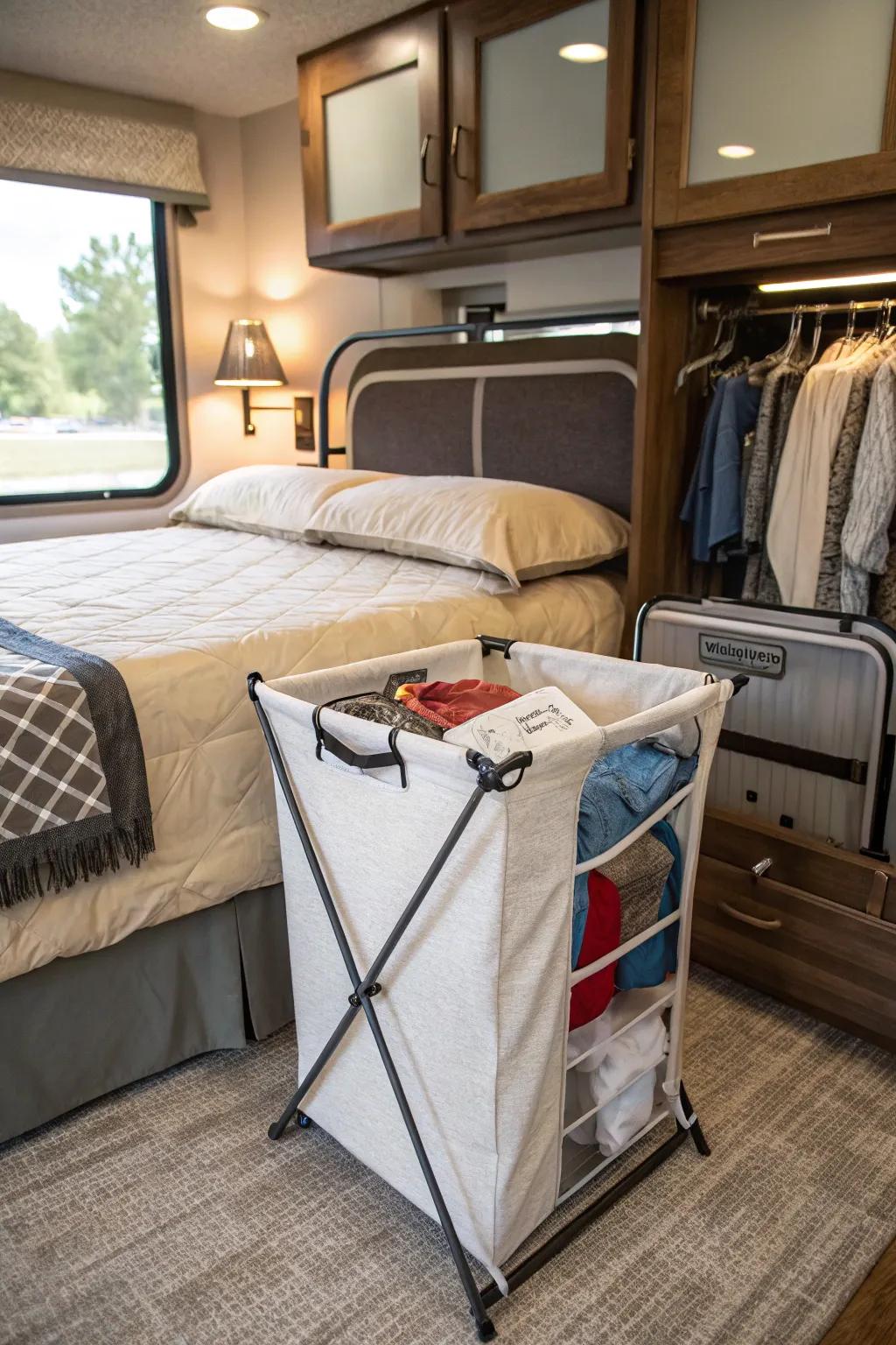 A collapsible hamper neatly stowed under an RV bed.