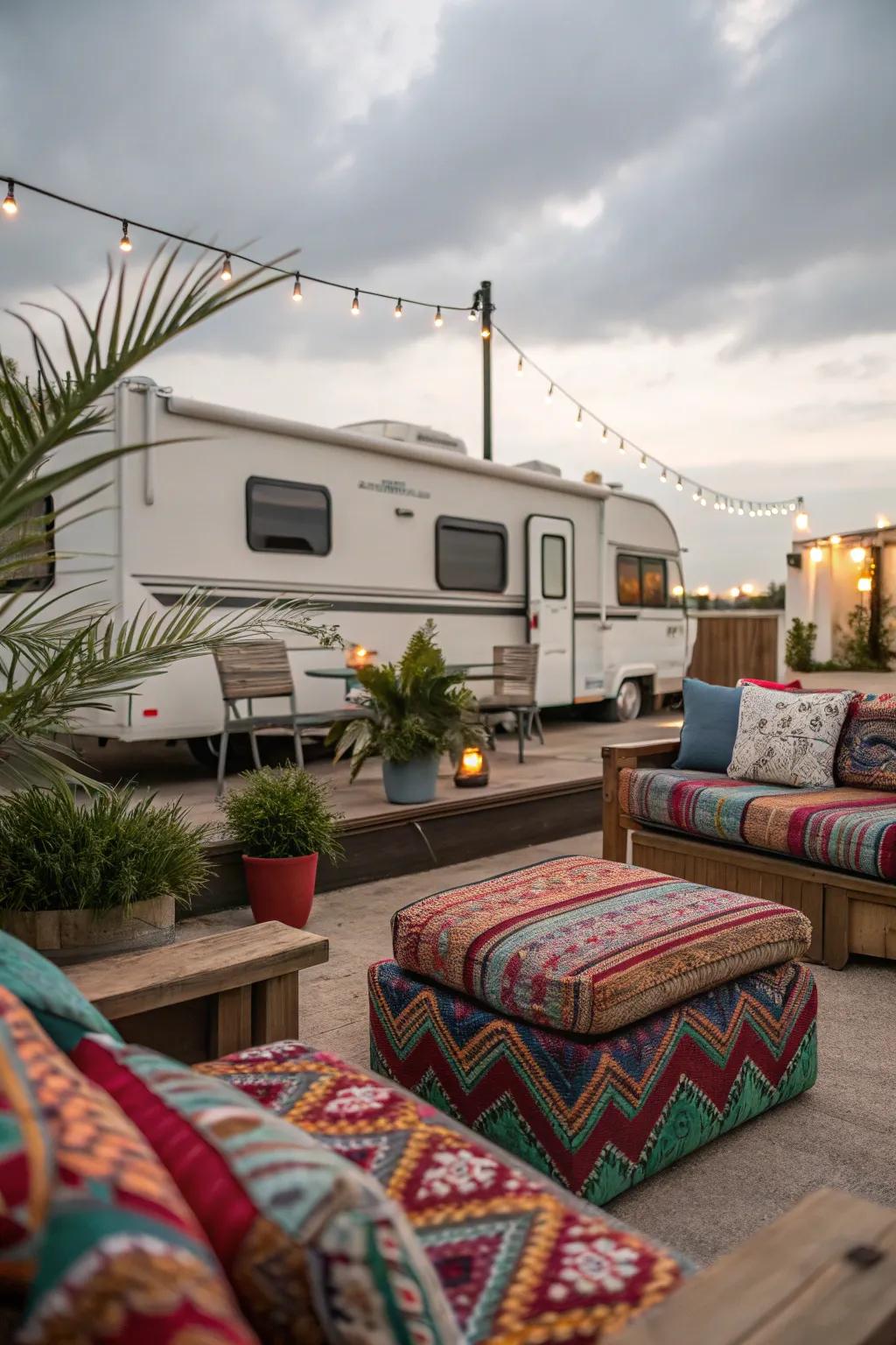 Comfortable seating transforms your RV patio into a relaxing oasis.
