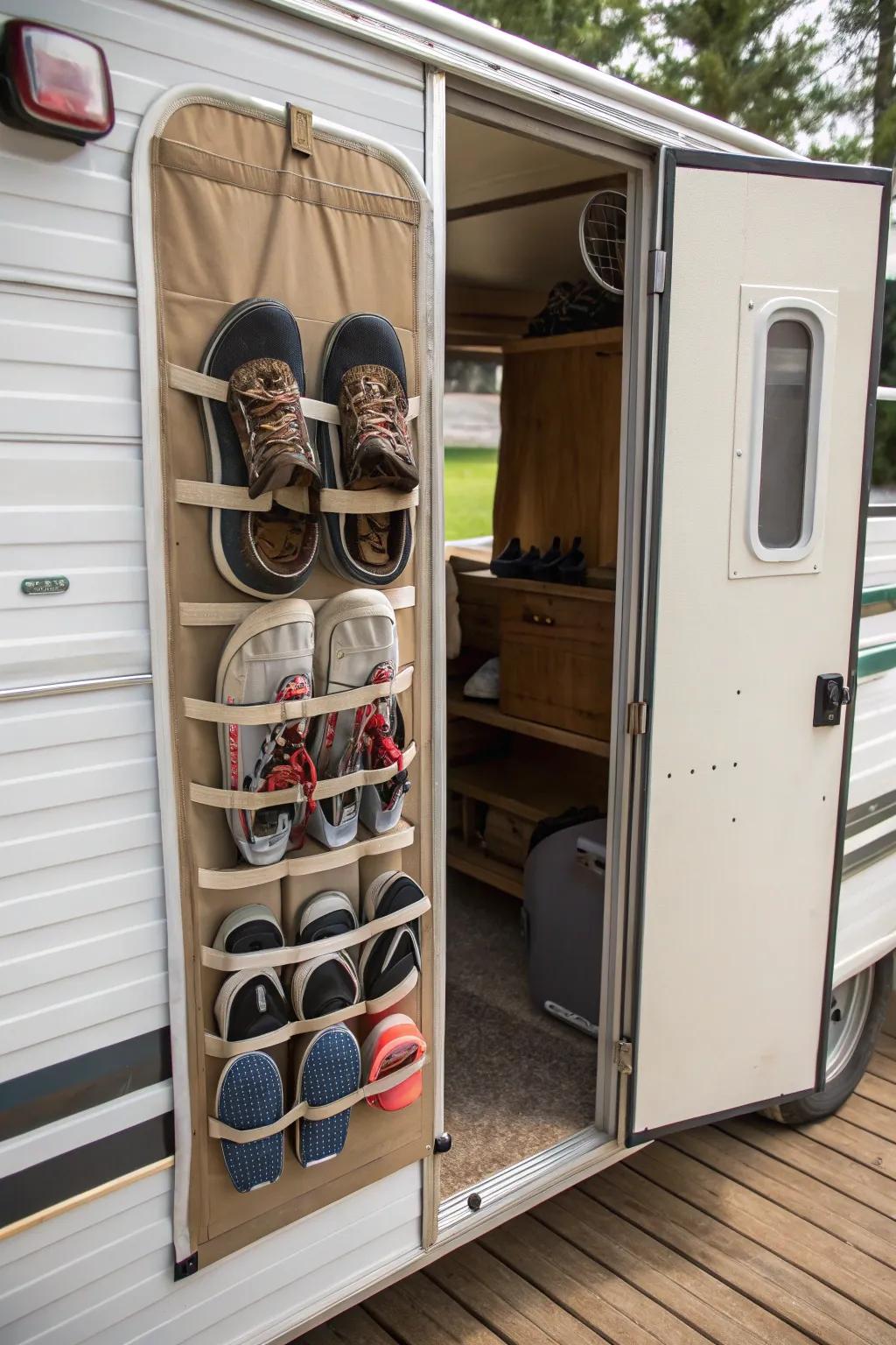 Transform your RV door into a dedicated shoe space with a hanging organizer.