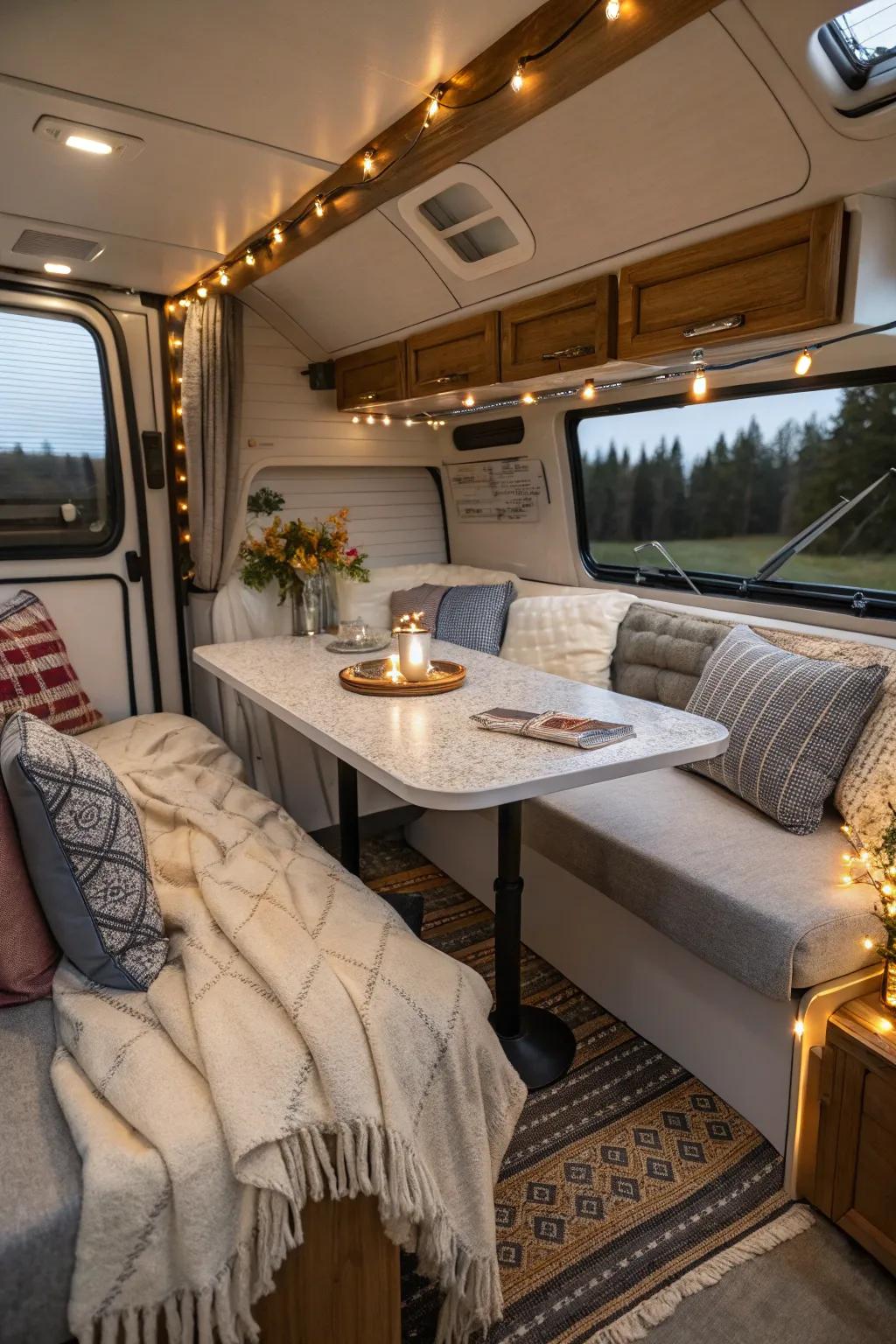 A convertible table provides diverse functionalities within an RV.