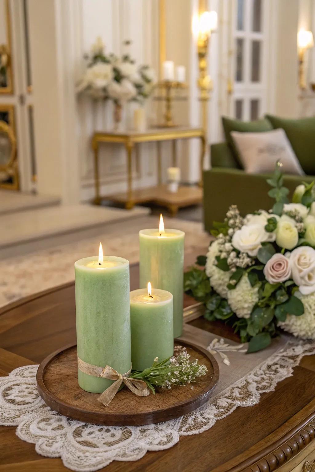 Sage green candles impart a soothing and sophisticated ambiance to any room.