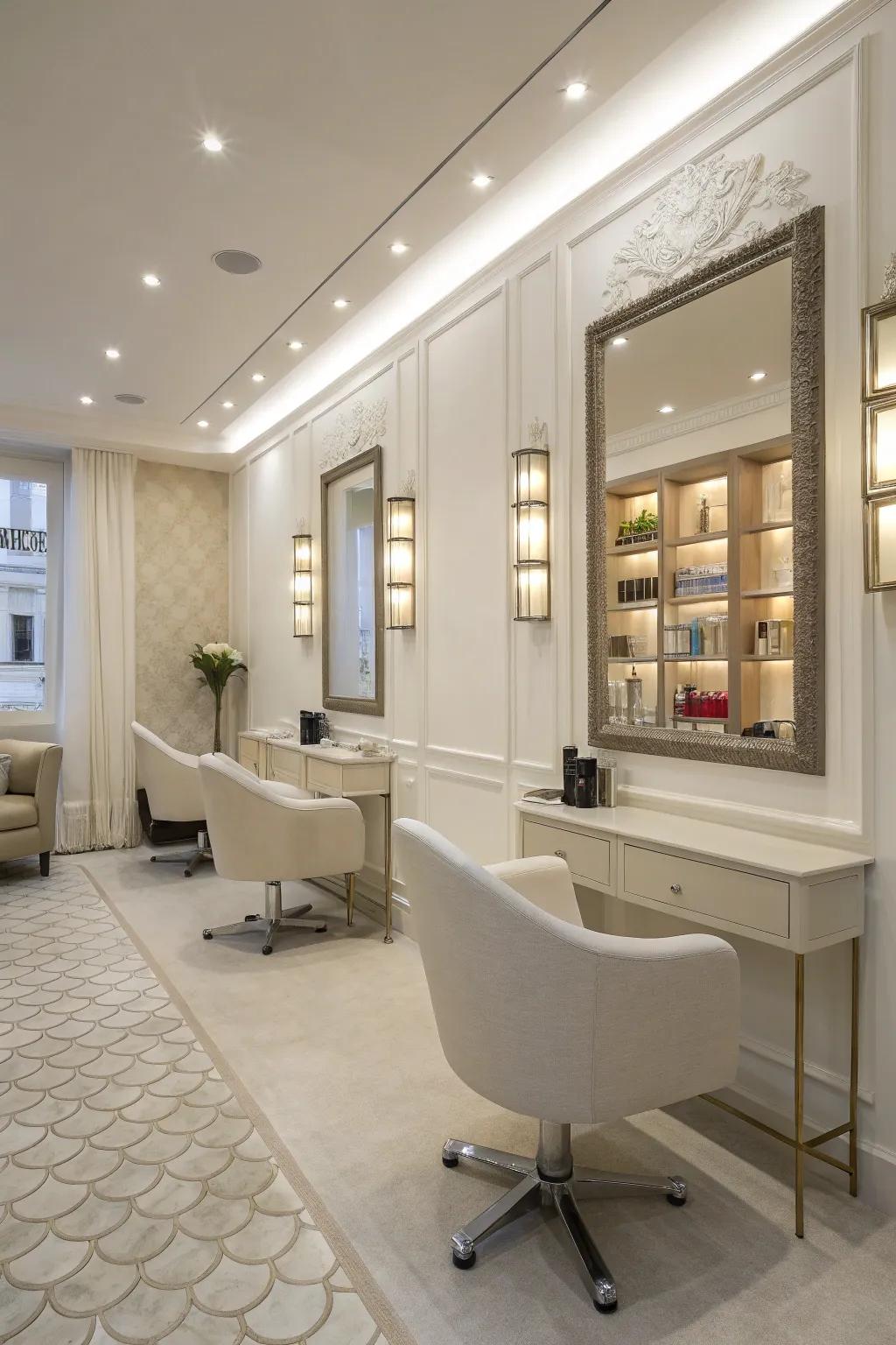An elegant and spacious minimalist salon design.