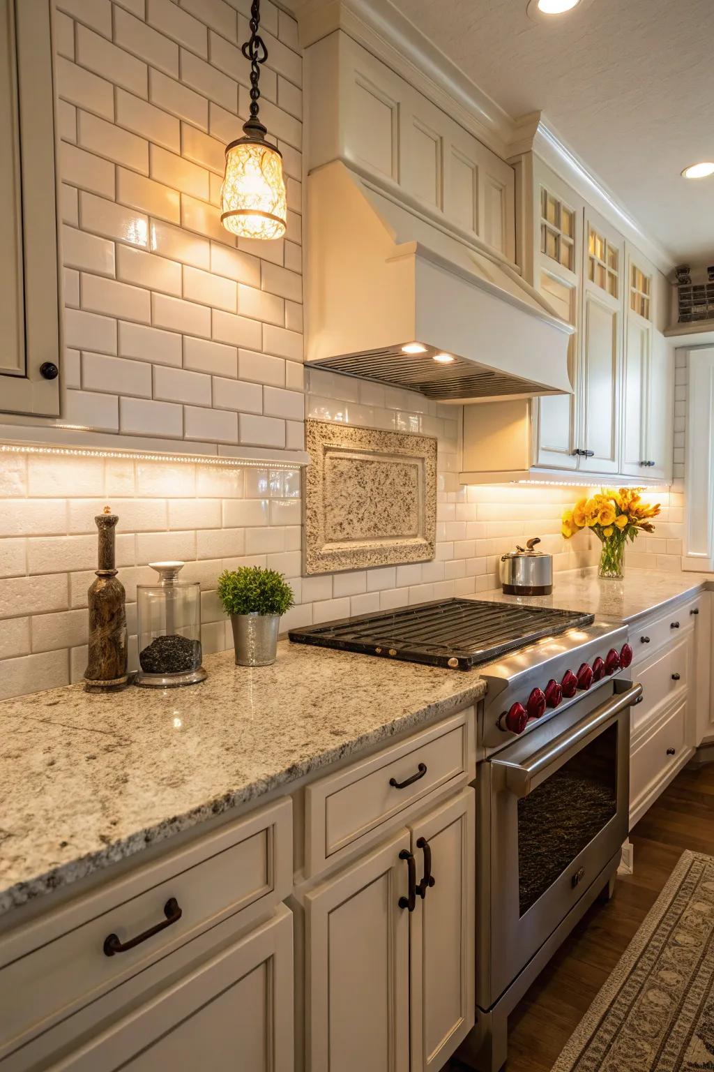 Classic white subway tiles harmonize with Santa Cecilia granite for an everlasting aesthetic.