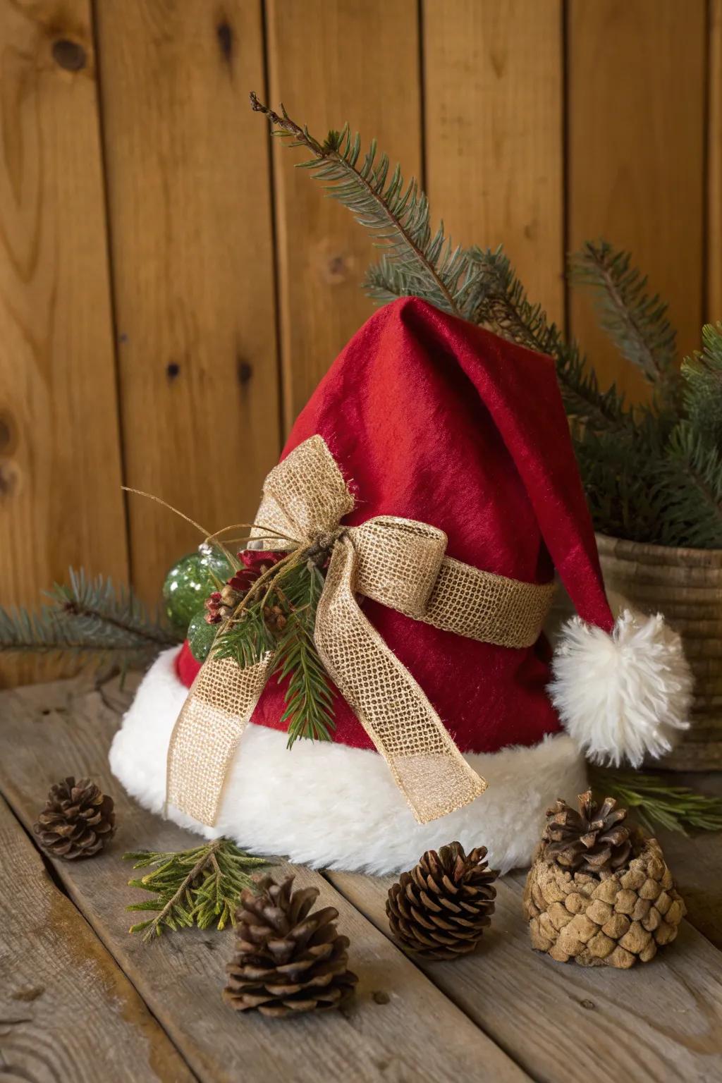 Embrace an earthy rural appeal by using linen-like fabric and nature's elements on your Santa hat.
