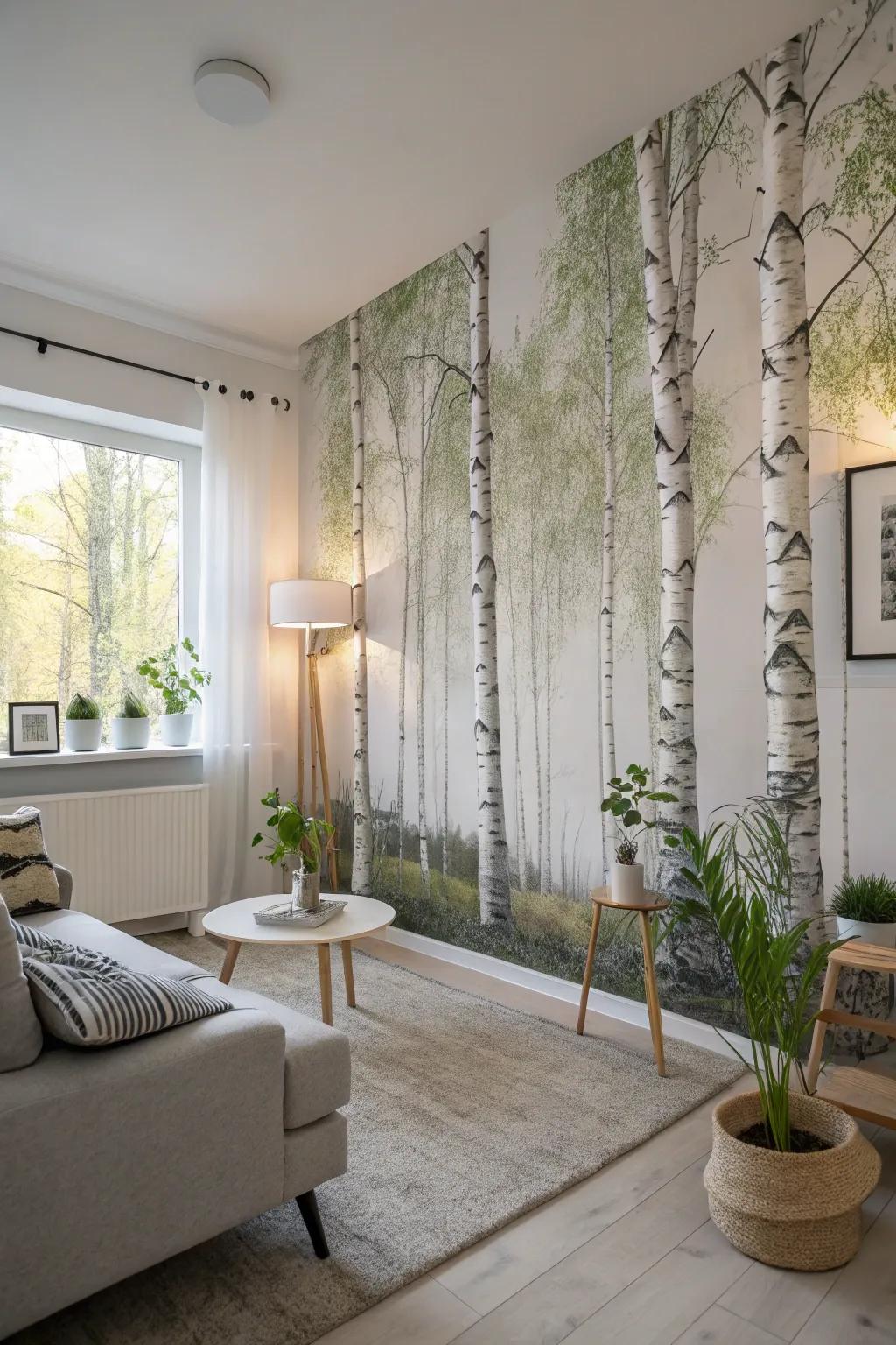 A Scandinavian living space enhanced by a nature-centric wall mural featuring birch trees