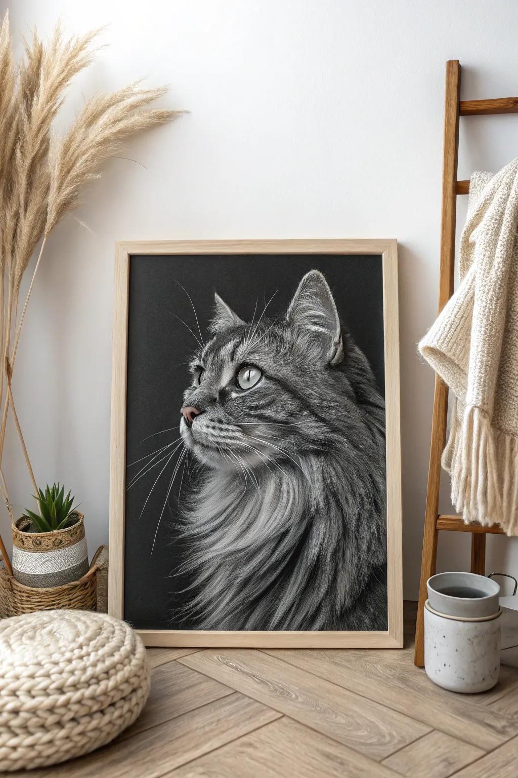 Immortalize the captivating mystery of feline grace through the exquisite art of scratchboard.