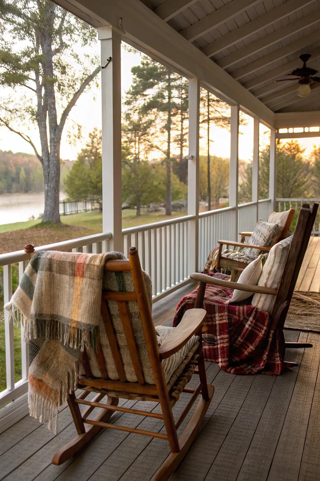 Timeless rocking chairs on a screened-in porch craft an enduring, welcoming aesthetic.