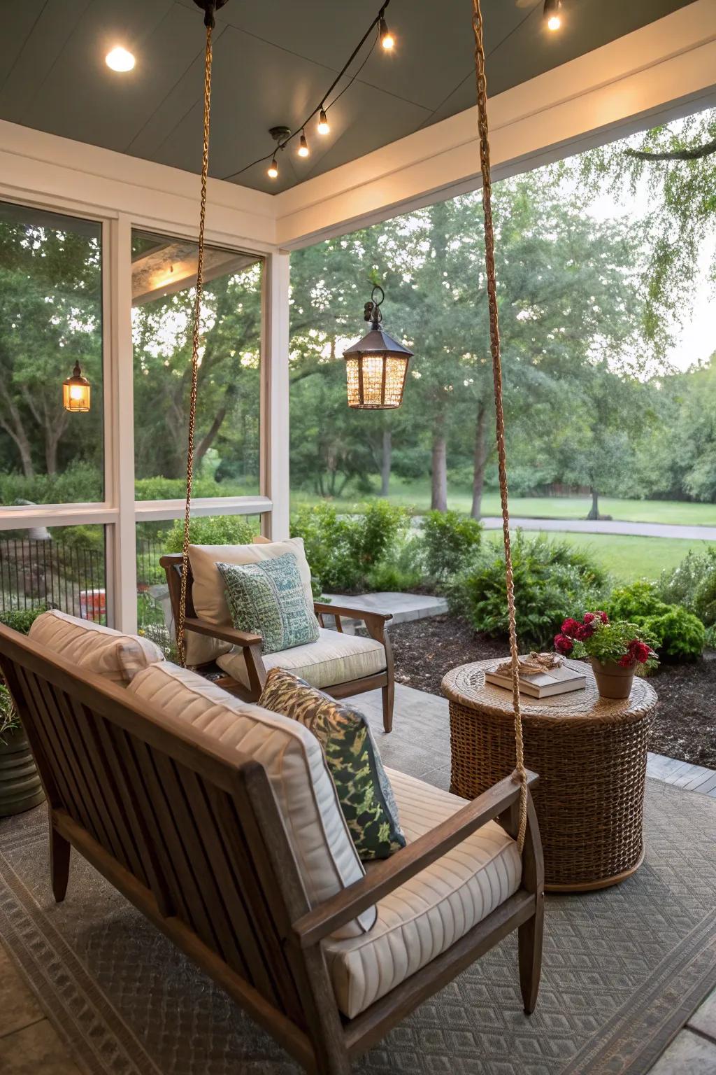 A welcoming seating area with a swing on a screened-in veranda.