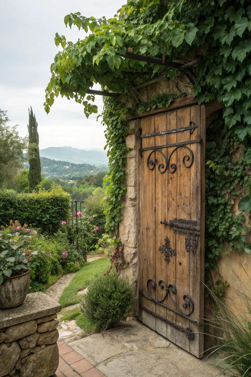 Rustic grace intertwines with verdant surroundings at this secret garden's portal.