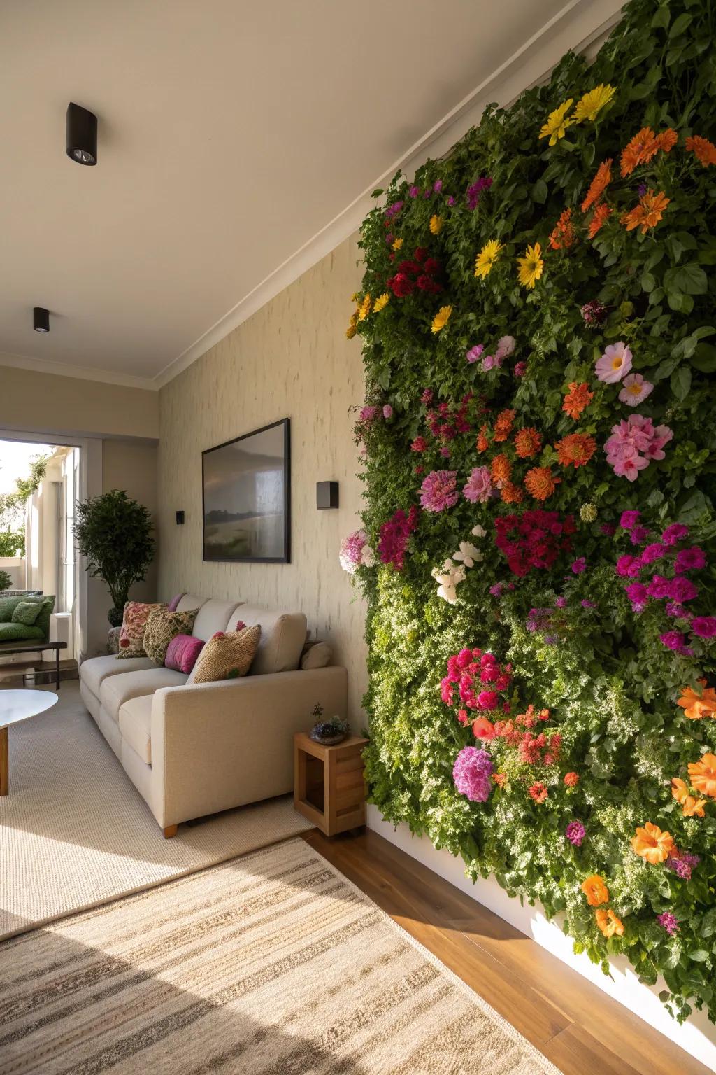 An indoor floral display evokes the charm of a serene garden.