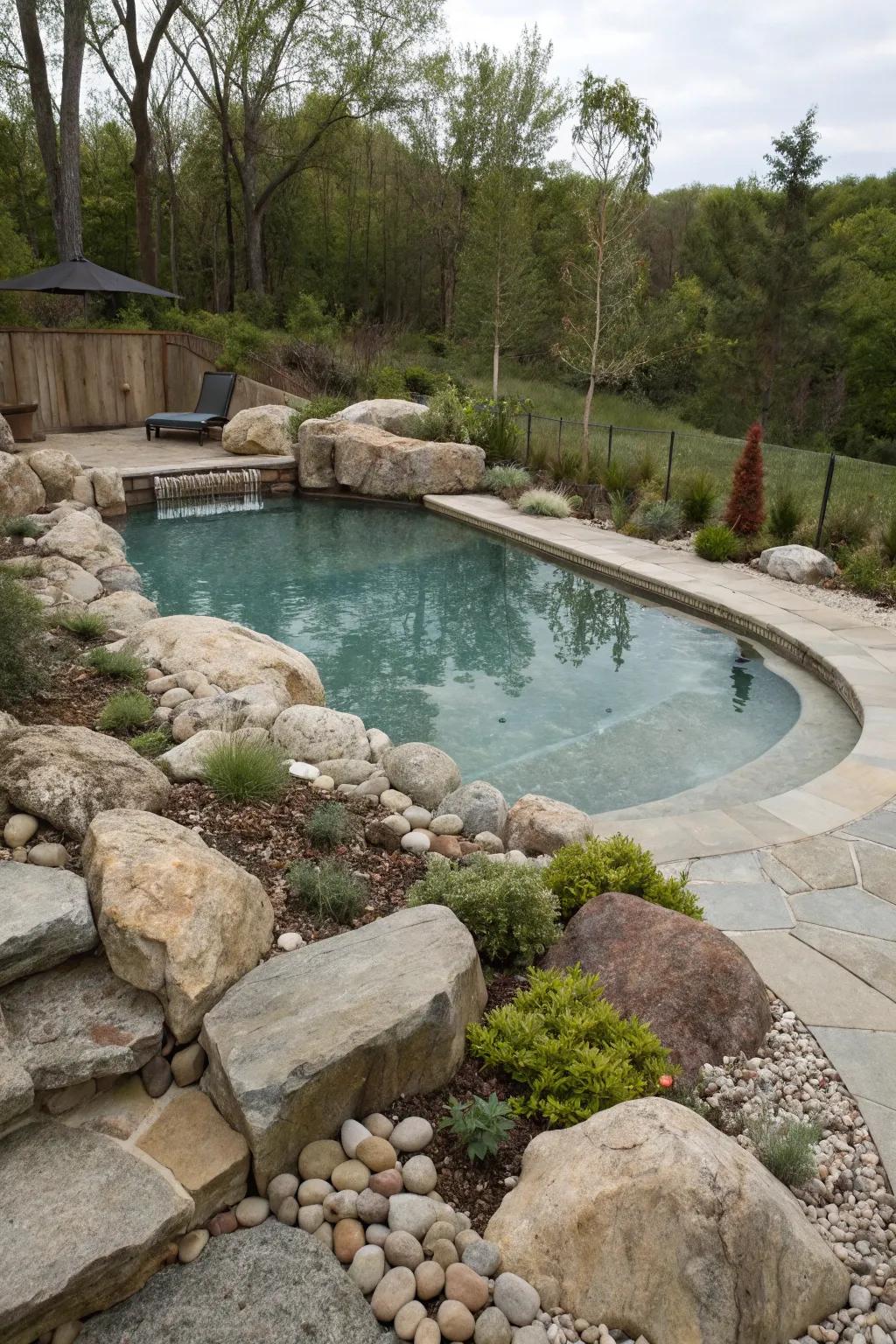 A partially submerged pool enhanced by a surrounding stone arrangement.
