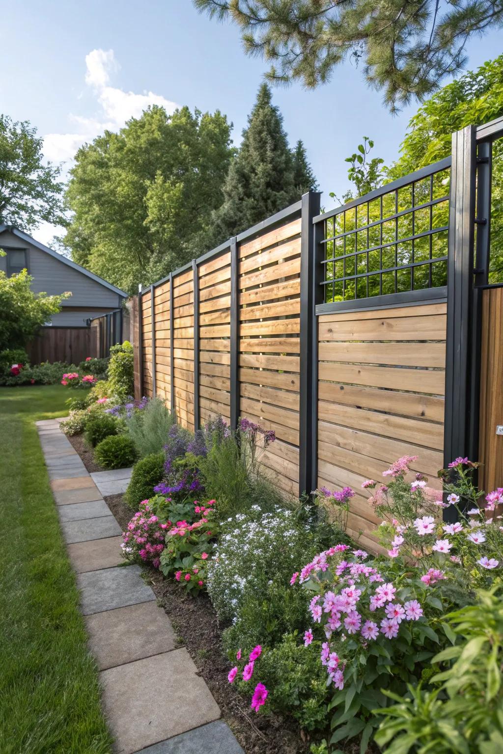 A harmonious fusion of wood and metal crafts a modern semi-private fence within a serene garden setting.