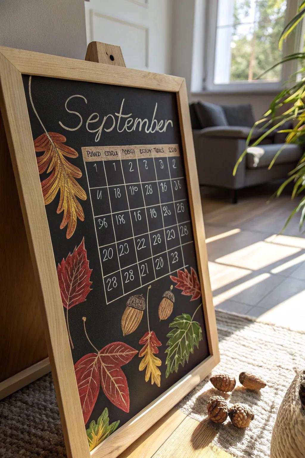 A captivating September calendar on a chalkboard, embellished with autumn leaves and acorns.
