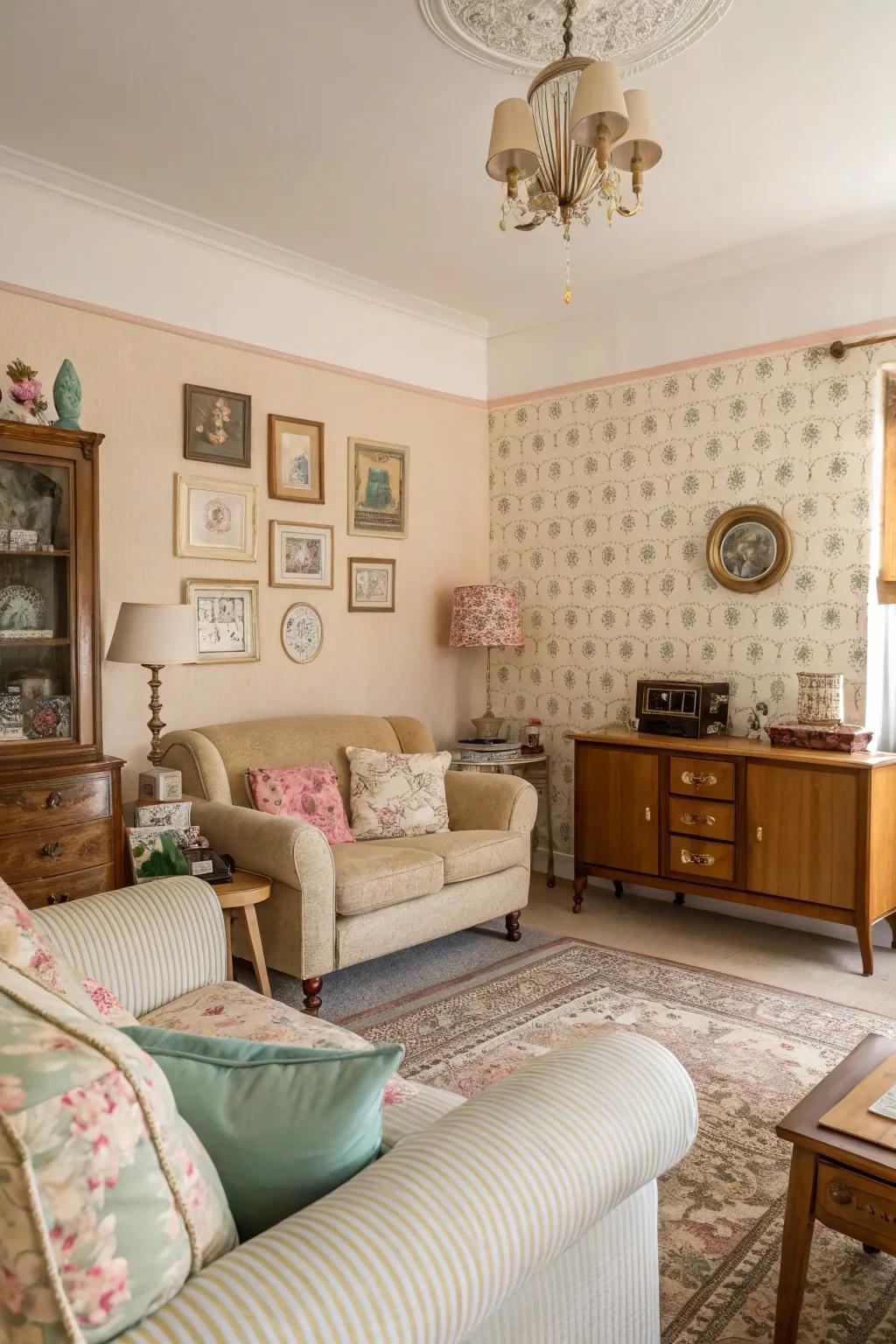 A living room saturated in gentle off-whites and pastels, creating a serene and calm setting.