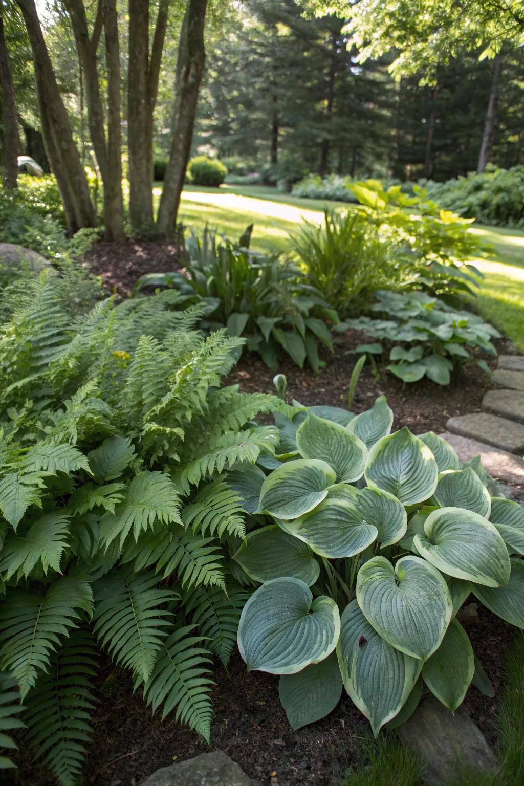 Abundant foliage of hostas and ferns in a sheltered garden space.