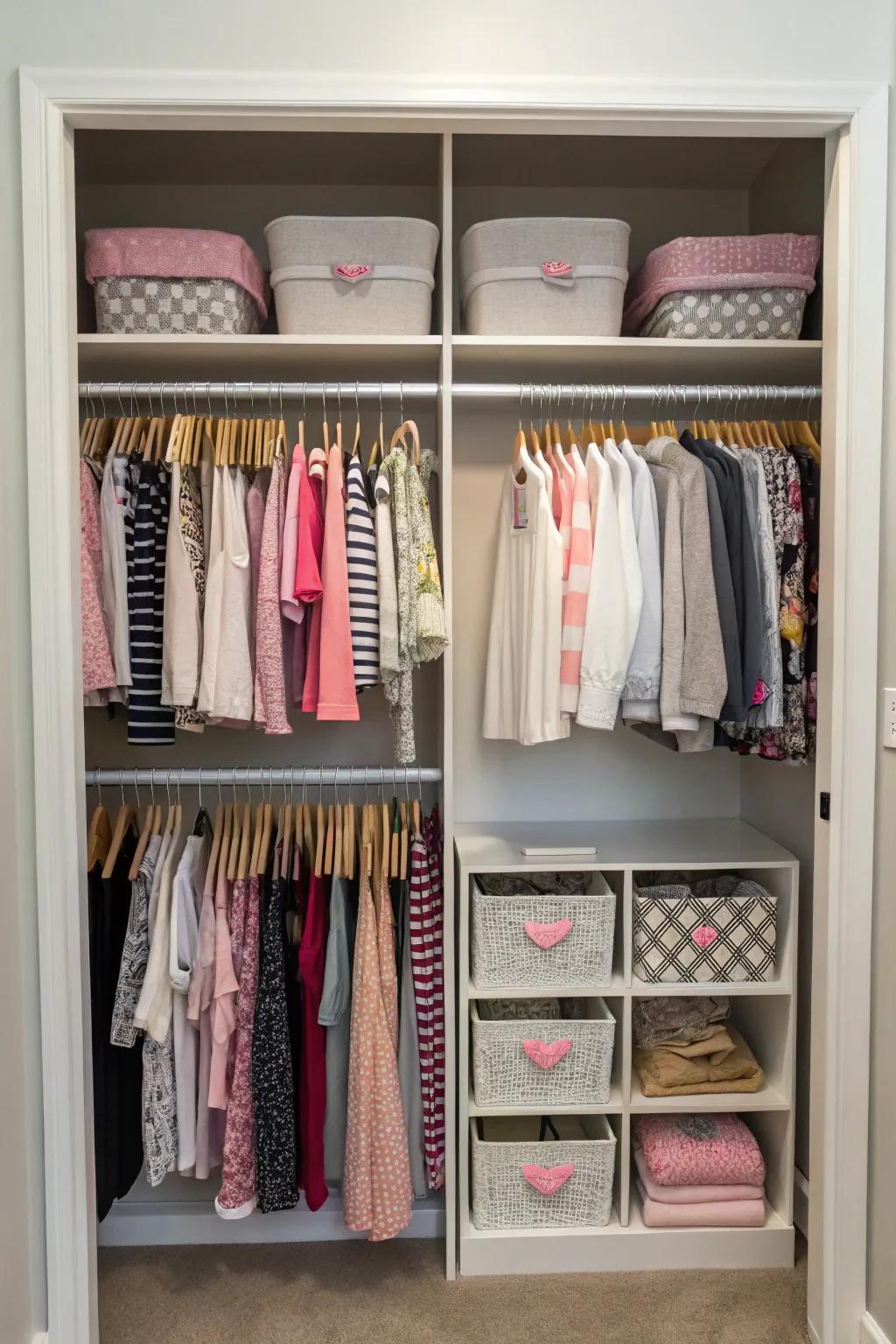 A shared closet neatly partitioned into distinct areas for two occupants.