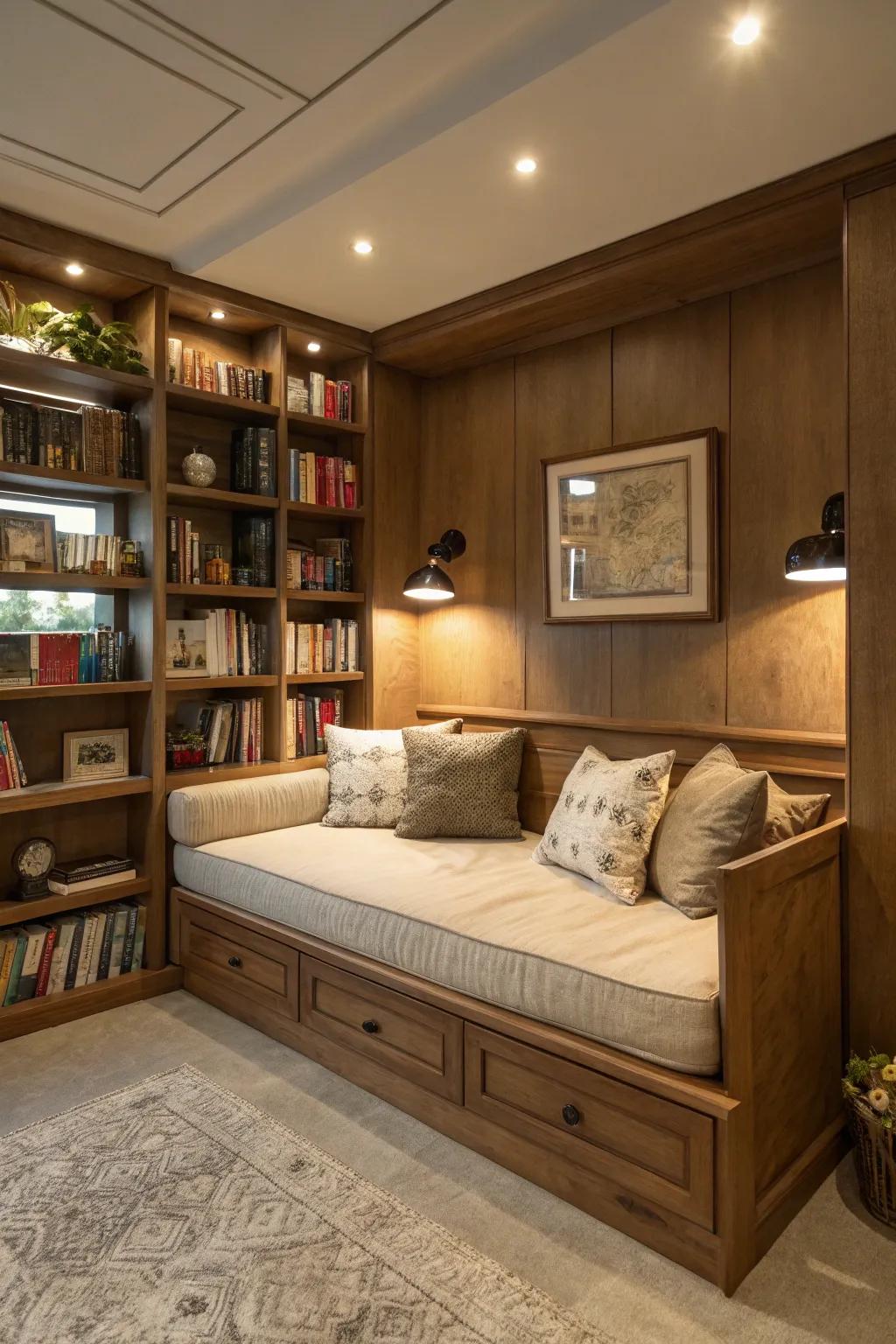 Design an inviting reading corner in your she shed using custom bookshelves and a plush divan.