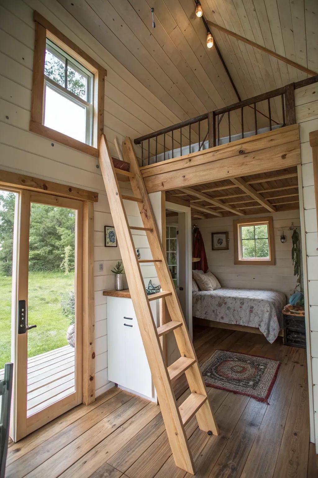 A converted shed featuring a loft bedroom, accessed via a ladder, to maximize vertical capacity.