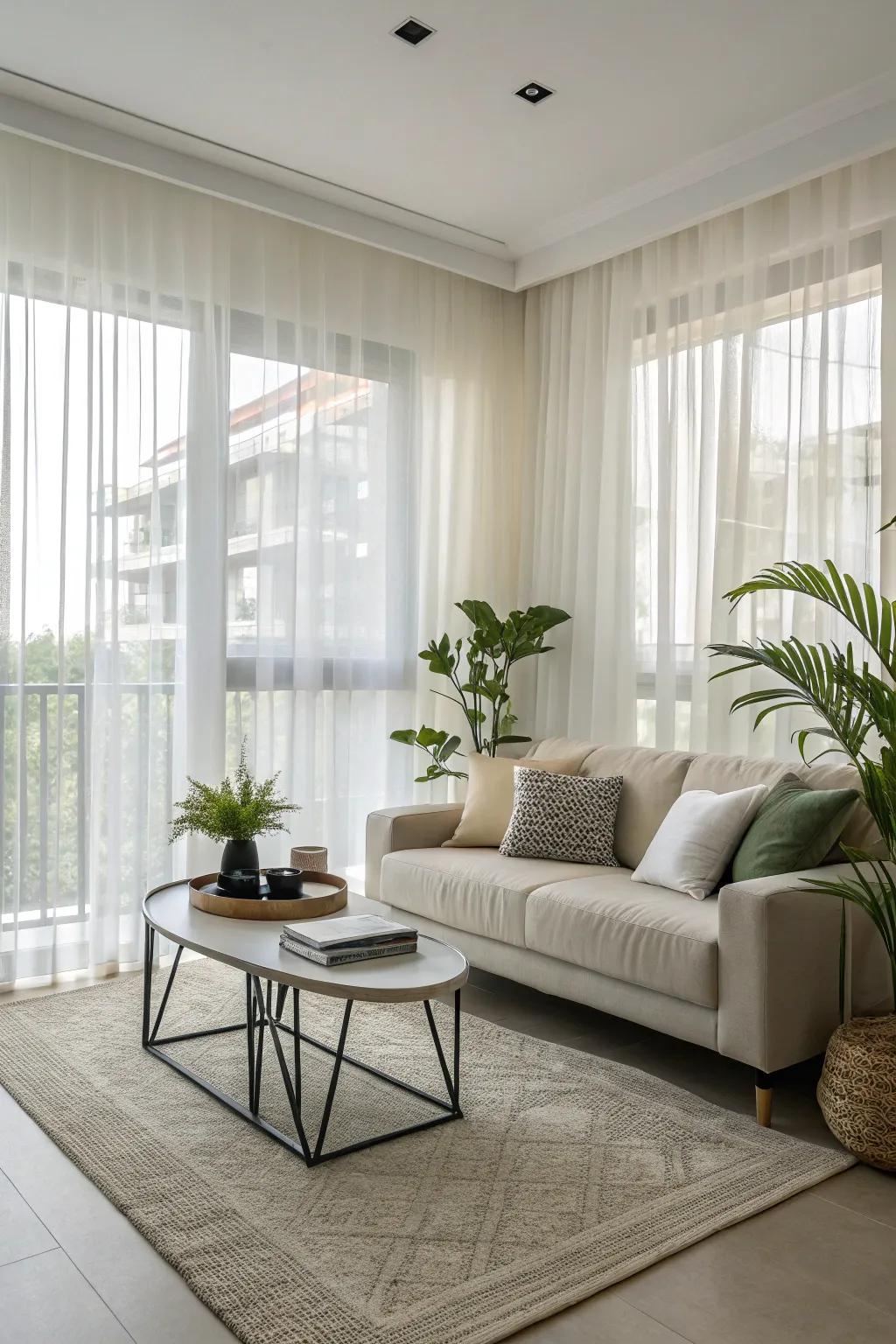 Light-filtering curtains enhance contemporary aesthetics, delivering a unified and inviting living space.