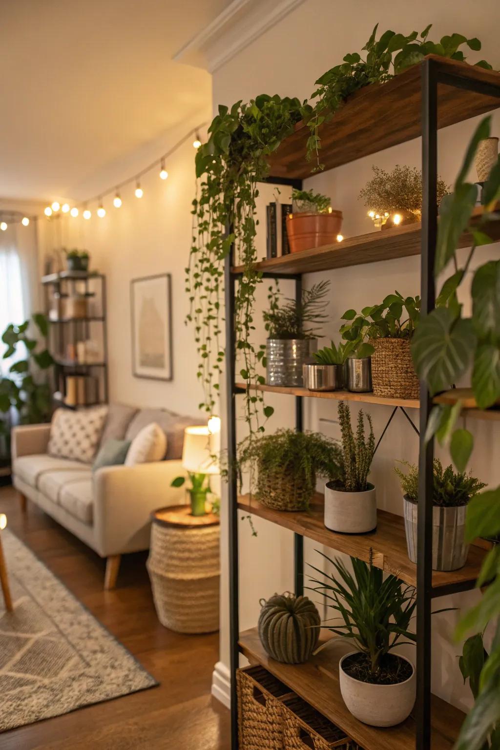Abundant foliage transforms shelves into an animated and welcoming display.